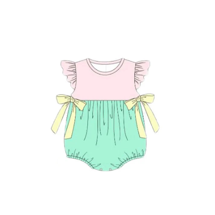 Baby Girls Flutter Sleeve Pink Aqua Bows Ruffle Rompers Preorder 11.20