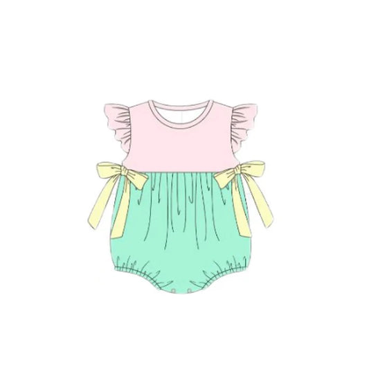 Baby Girls Flutter Sleeve Pink Aqua Bows Ruffle Rompers Preorder 11.20