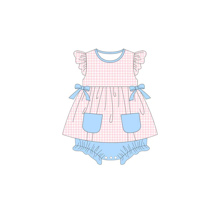 Baby Girls Pink Checked Bows Pockets Tunic Bummies Ruffle Rompers Preorder 11.20