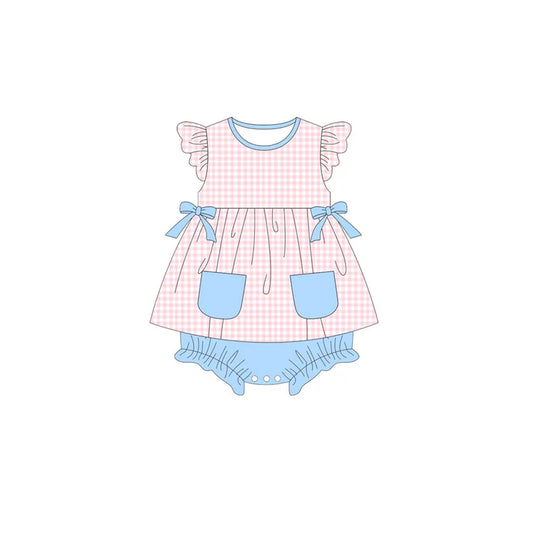 Baby Girls Pink Checked Bows Pockets Tunic Bummies Ruffle Rompers Preorder 11.20