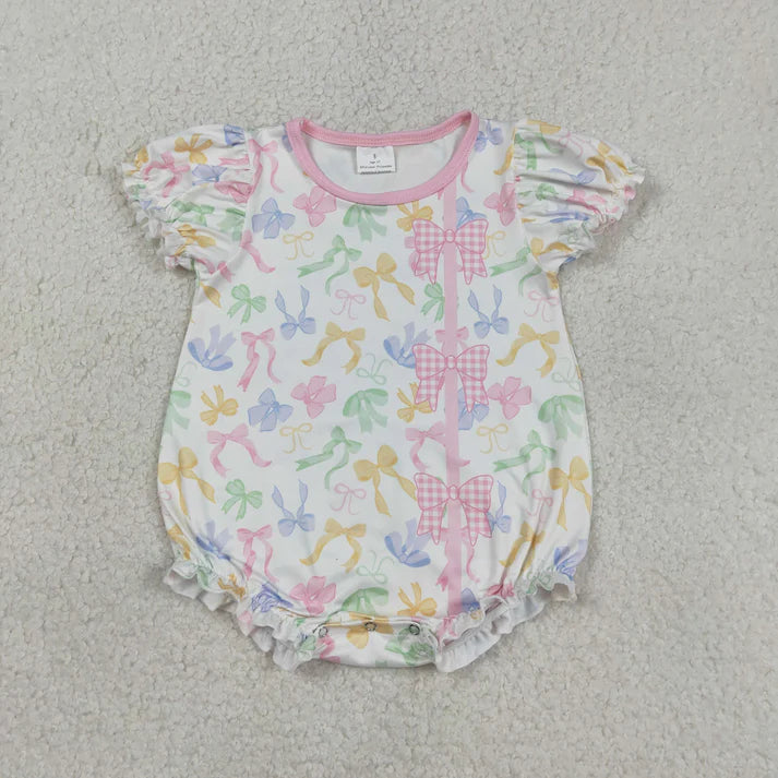 Sibling Baby Girls Short Ruffle Sleeve Colorful Bows Scallop Knee Length Dress Rompers