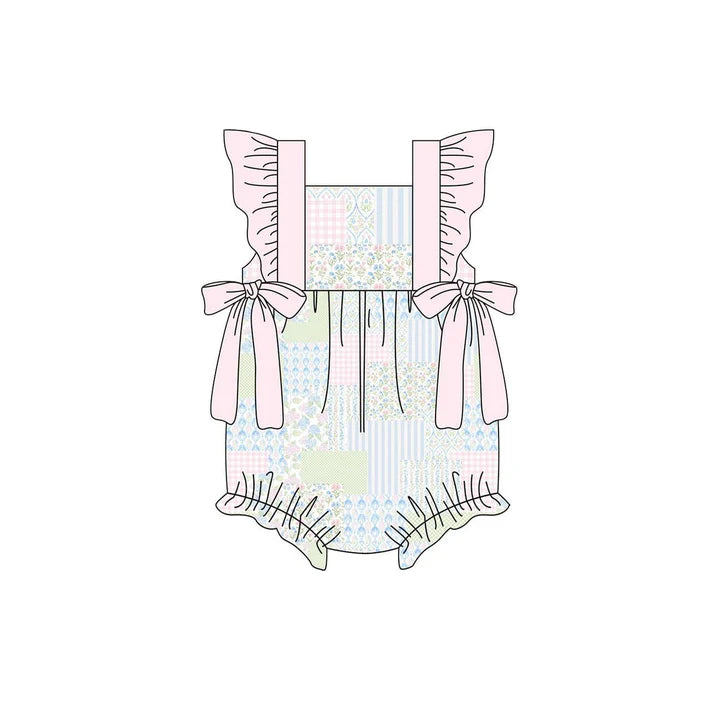 Baby Girls Pink Flutter Sleeve Bows Flowers Checked Ruffle Rompers Preorder 11.20