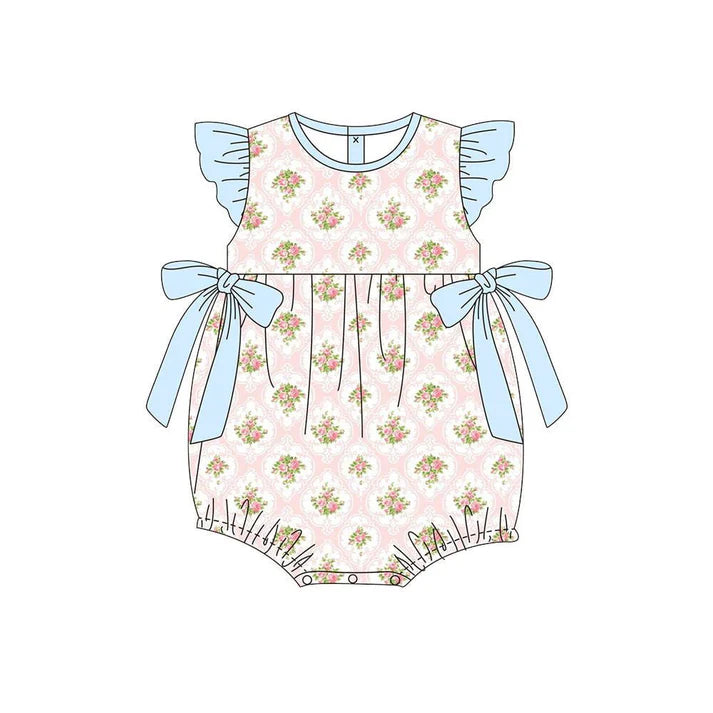 Baby Girls Flutter Sleeve Bows Flowers Checked Ruffle Rompers Preorder 11.20