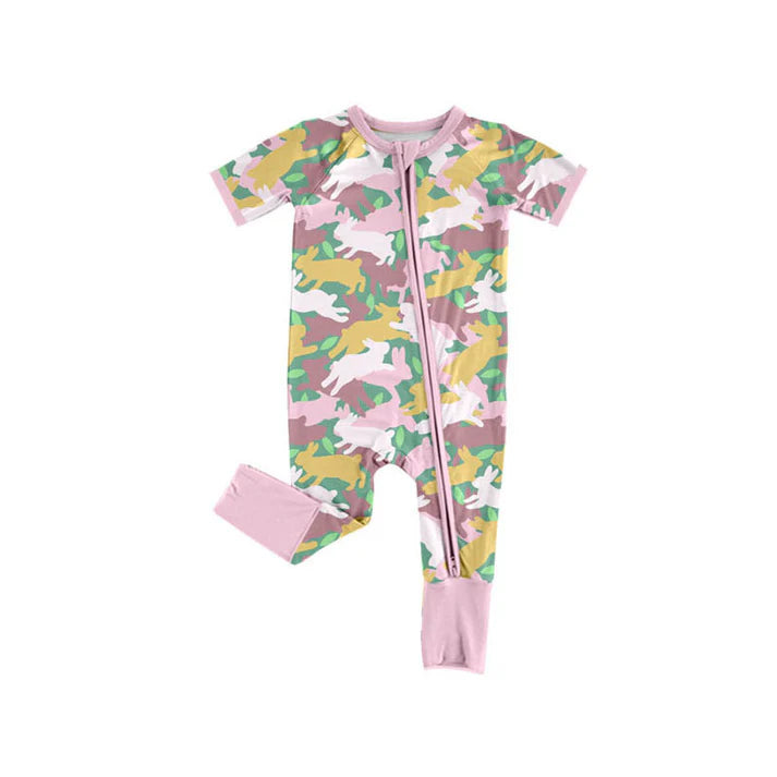 Baby Girls Rabbits Camo Easter Two Way Zip Convertible Rompers Preorder 11.29