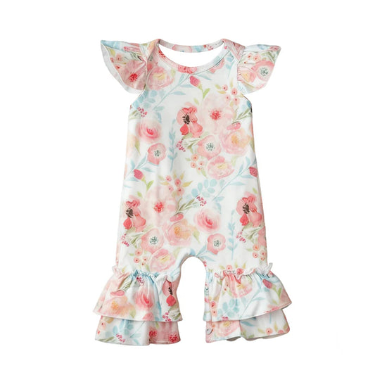 Baby Girls Flutter Sleeve Pink Flowers Ruffle Footie Rompers Preorder 11.29