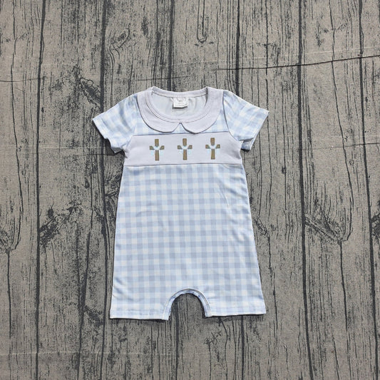 Embroidery Crosses Baby Boys Blue Checked Easter Collar Rompers Preorder 1.14