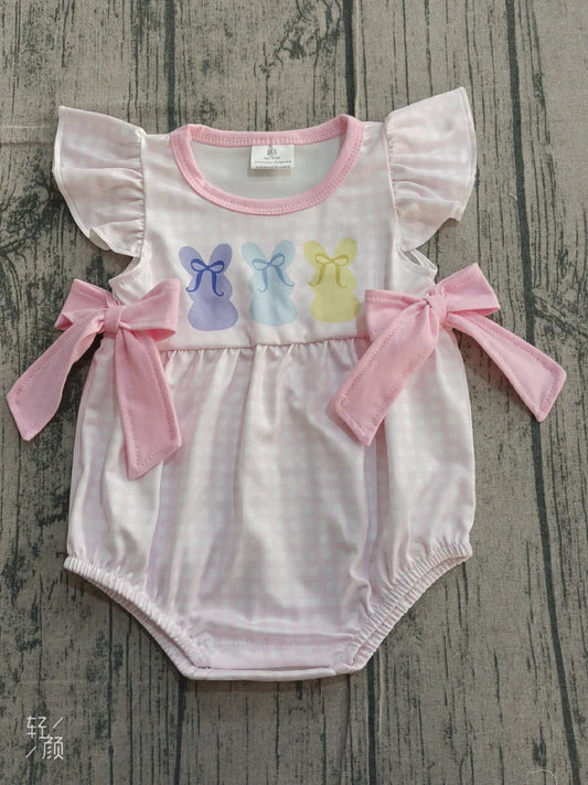 Baby Girls Pink Checked Rabbits Bows Easter Ruffle Rompers Preorder 1.14