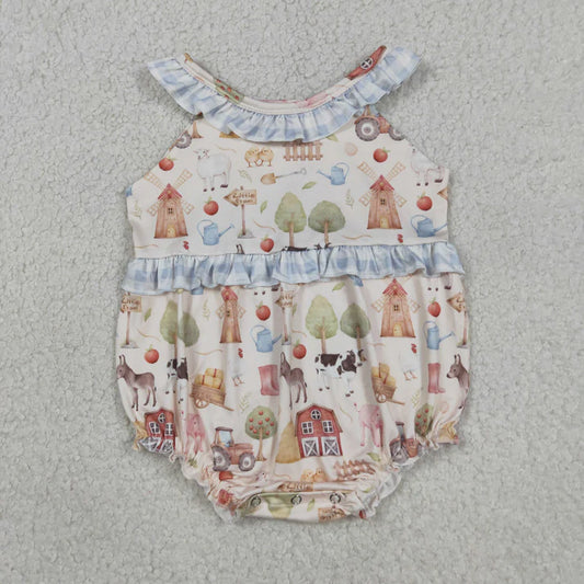 Sibling Baby Girls Pigs Cows Tunic Checked Ruffle Short Farm Clothes Set Rompers