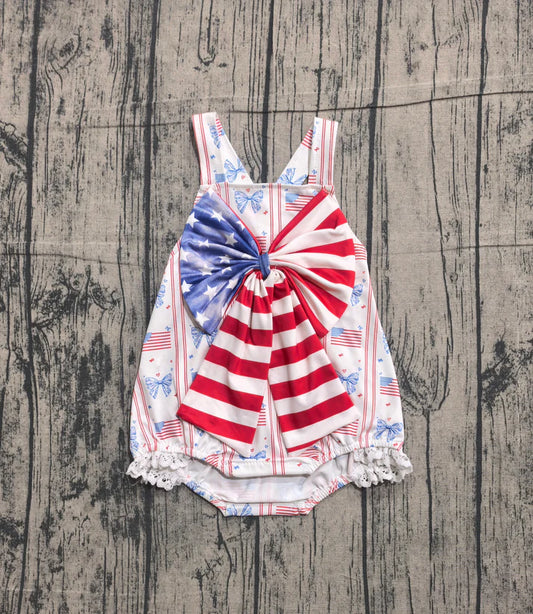 Baby Girls Strap Flags Bows Stripe 4th of July Ruffle Rompers SR3862