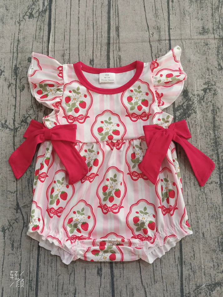 Baby Girls Pink Stripe Flowers Strawberry Bows Ruffle Rompers Preorder 1.14