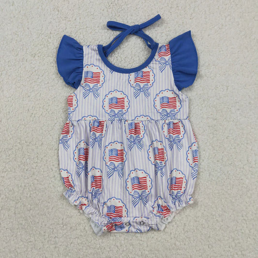 Sibling Baby Girls Flags Bows Tunic Ruffle Short 4th of July Clothes Set Rompers