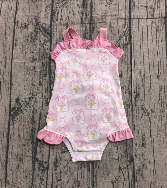 Baby Girls Pink Strap Flowers Back Bows Ruffle Rompers Preorder SR4112
