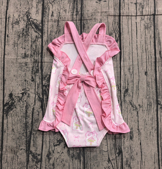Baby Girls Pink Strap Flowers Back Bows Ruffle Rompers Preorder SR4112