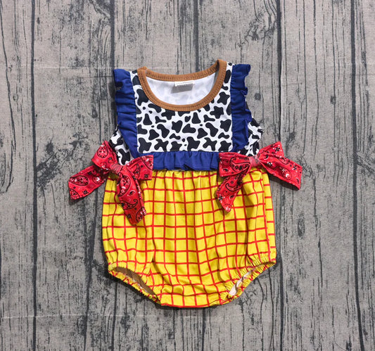 Baby Girls Sleeveless Cow Print Yellow Checked Ruffle Rompers Preorder SR4115