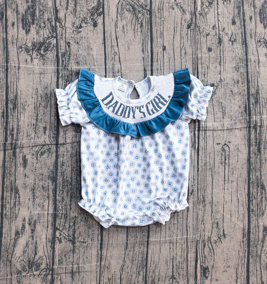 Baby Girls Rompers Smocked Daddy's Girl Blue Flowers Ruffle Rompers Preorder SR4141