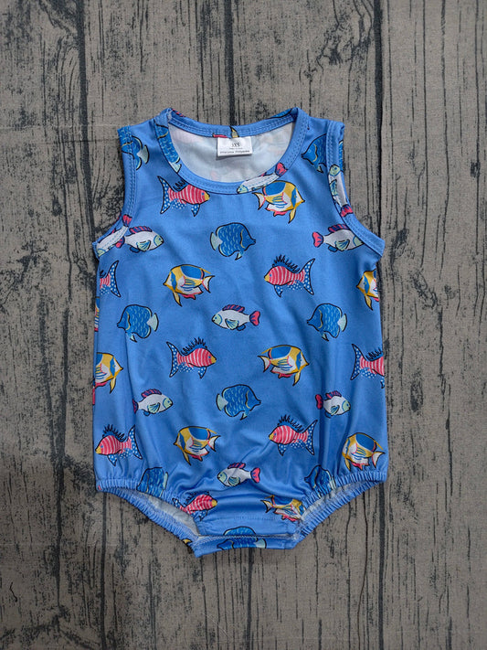 Baby Boys Sleeveless Red Blue Fishes 4th of July Romper Preorder SR4151