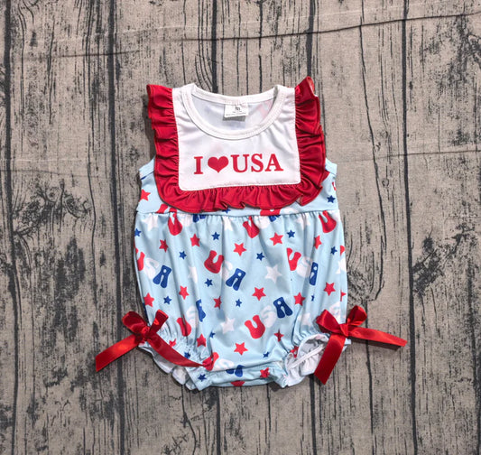 Baby Girls Sleeveless I Love USA Stars 4th of July Ruffle Romper Preorder SR4154