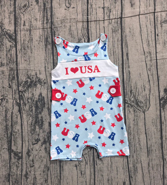 Baby Boys Sleeveless I Love USA Stars 4th of July Short Romper Preorder SR4155