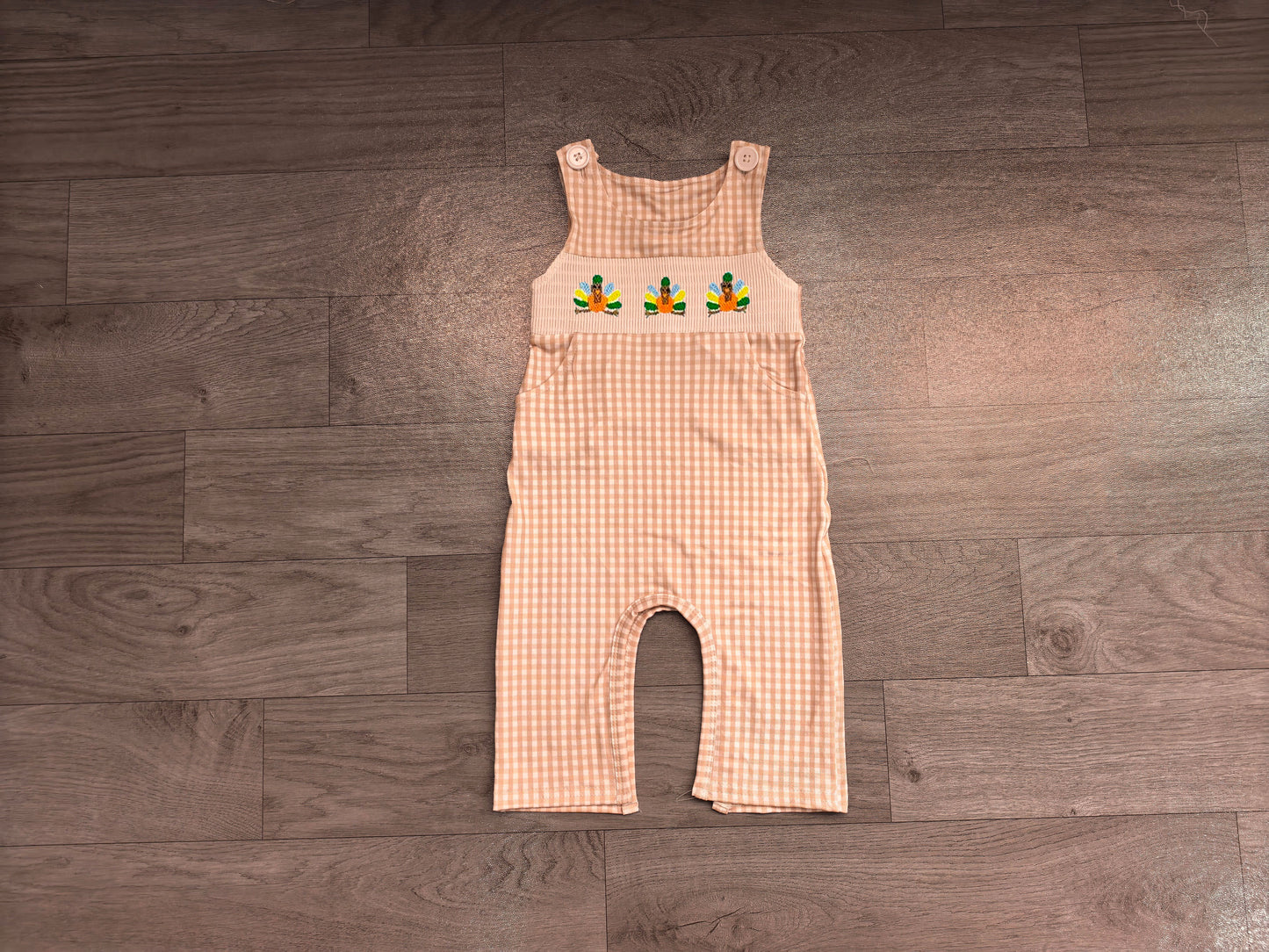 Smocked Turkey Baby Boys Romper Thanksgiving Khaki Checked Pockets Rompers Preorder SR4277