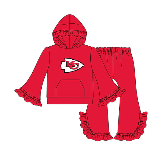 Preorder(moq 5)Baby Girls Red KC Pocket Hoodie Bell Bottom Pants Team Clothes Sets 12.17