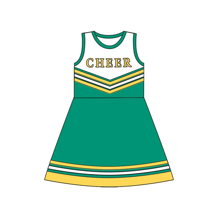 Preorder (moq 5)Baby Girls Green Gold Cheer Team Knee Length Dresses 8.12