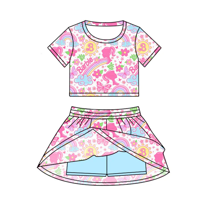 Preorder (moq 5)Baby Girls Pink Doll Cartoon Top Skirt Skort Sets 6.19