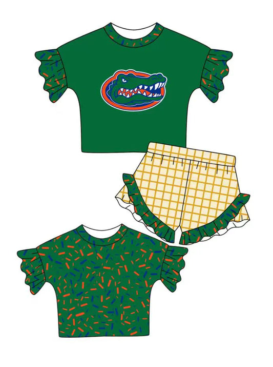 Preorder (moq 5)Baby Girls Green Sprinkles Crocodiles Top Checked Ruffle Shorts Team Clothes Set 1.10