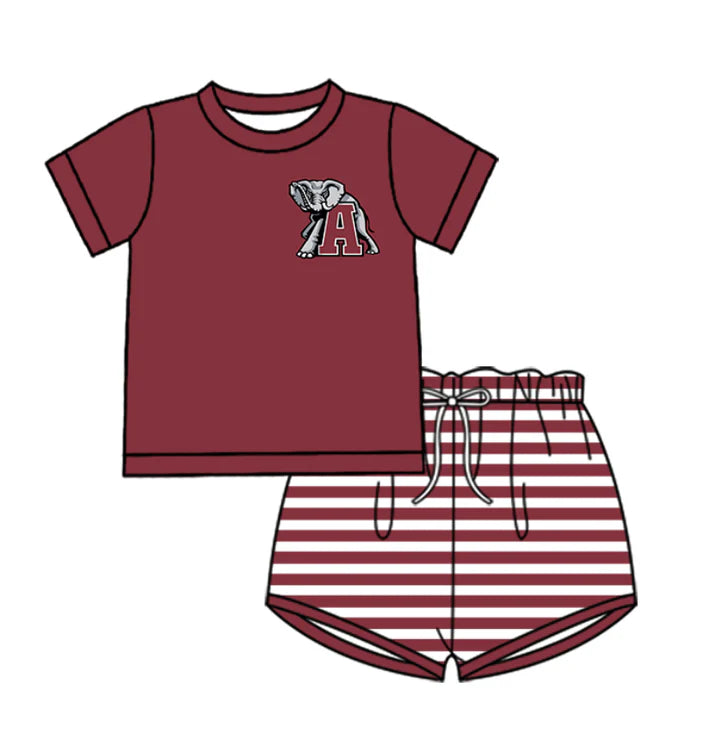 Preorder (moq 5)Baby Boys Red A Elephants Top Stripe Shorts Team Clothes Sets 12.27
