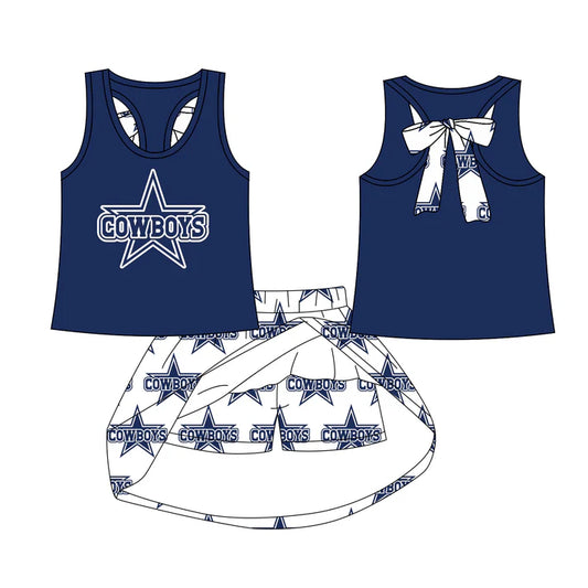 Preorder (moq 5)Baby Girls Cowboys bow vest team Top Skirt Skort Sets 7.21