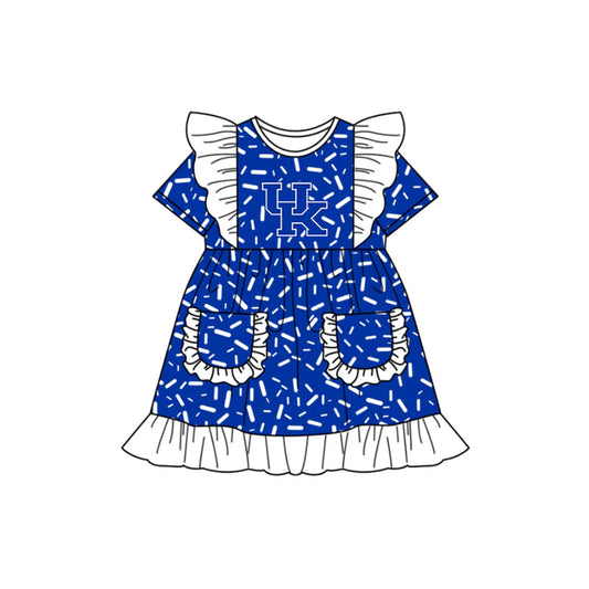 Preorder (moq 5)Baby Girls Flutter Short Sleeve Blue Sprinkles UK Pockets Team Ruffle Knee Length Dresses 12.13