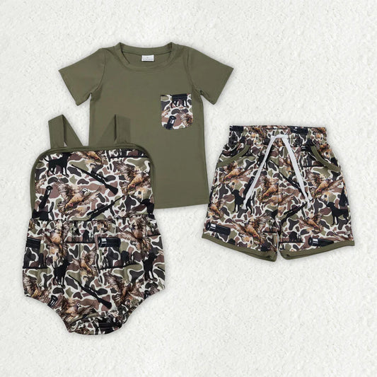 Sibling Baby Boys Shirt Top Dog Ducks Camo Pockets Short Hunting Clothes Set Strap Rompers