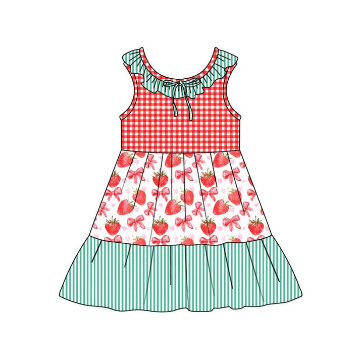 Preorder (moq 5)Baby Girls Collar Strawberry Checked Stripe Patchwork Knee Length Dresses 12.4