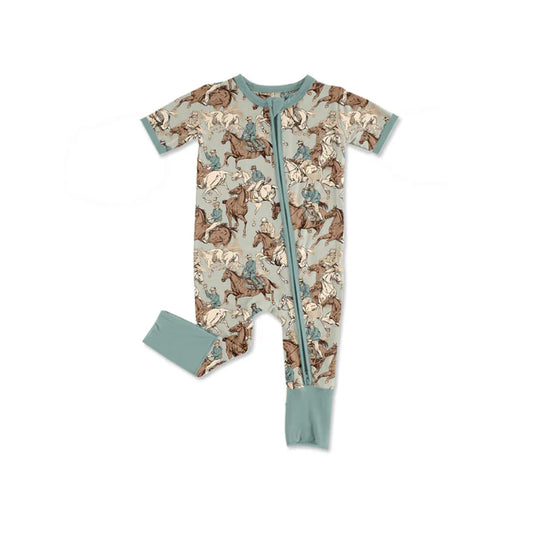 preorder(moq 5) Baby Boys Short Sleeve Horse Rodeos Western Two Way Zip Convertible Rompers 12.31