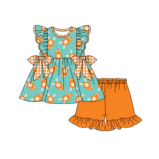 Preorder (moq 5)Baby Girls Rabbit Carrots Tunic Ruffle Shorts Easter Clothes Set 12.30