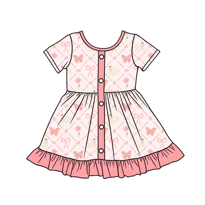 Preorder (moq 5)Baby Girls Bows Butterfly Checked Button Ruffle Knee Length Dresses 12.24