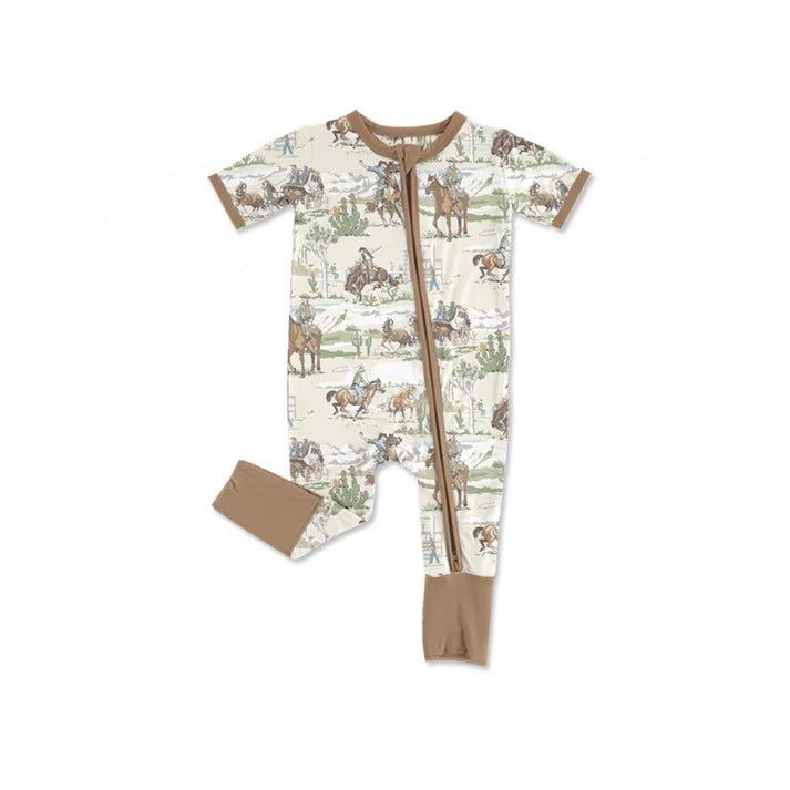 preorder(moq 5) Baby Boys Short Sleeve Horse Rodeos Western Two Way Zip Convertible Rompers 12.31