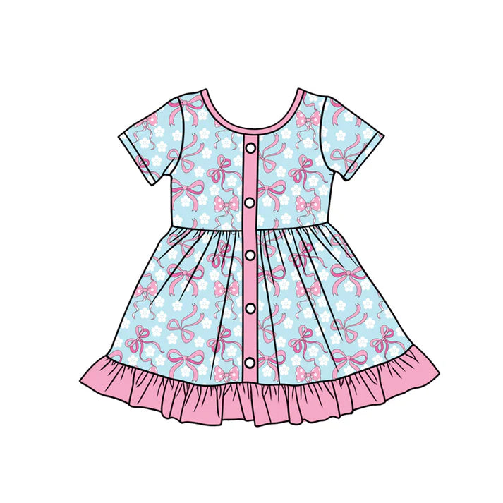 Preorder (moq 5)Baby Girls Bows Flowers Button Ruffle Knee Length Dresses 12.24