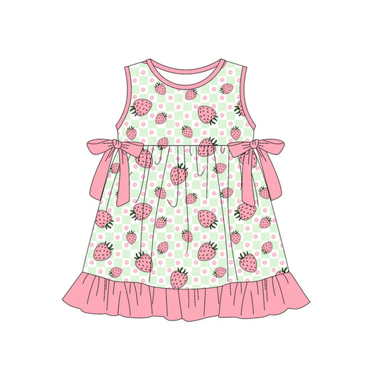 Preorder (moq 5)Baby Girls Flowers Strawberry Checked Ruffle Knee Length Dresses 12.29