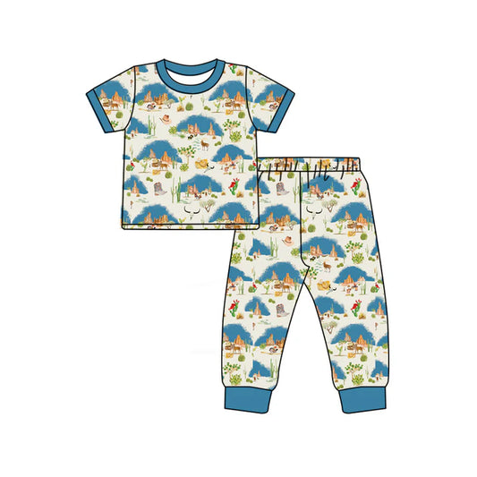 Preorder (moq 5)Baby Boys Cactus Bull Skulls Top Pants Western Pajamas Sets 12.31