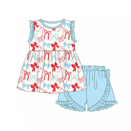 Preorder (moq 5)Baby Girls Blue Red Bows Plaid Tunic Ruffle Shorts 4th of July Clothes Set 12.29