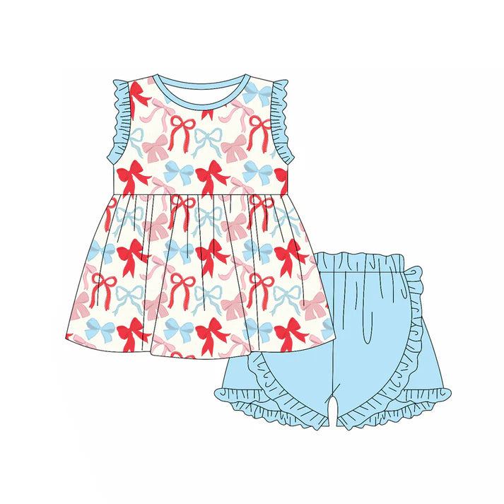 Preorder (moq 5)Baby Girls Blue Red Bows Plaid Tunic Ruffle Shorts 4th of July Clothes Set 12.29