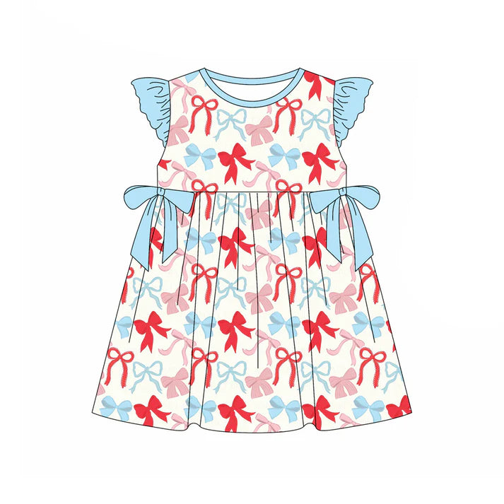 Preorder (moq 5)Baby Girls Flutter Sleeve Blue Red Bows Plaid 4th of July Knee Length Dresses 12.29