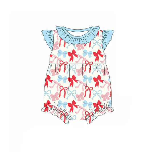 Preorder (moq 5)Baby Girls Flutter Sleeve Red Blue Bows Plaid 4th of July Ruffle Rompers 12.29
