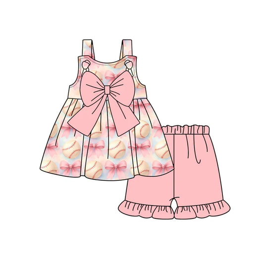 Preorder (moq 5)Baby Girls Pink Strap Bows Baseballs Tunic Ruffle Shorts Team Clothes Set 12.29