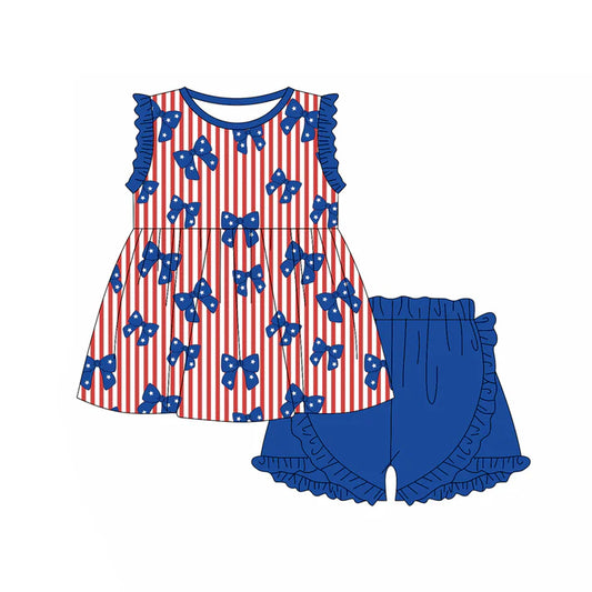 Preorder (moq 5)Baby Girls Red Stripe Star Bows Tunic Ruffle Shorts 4th of July Clothes Set 12.29