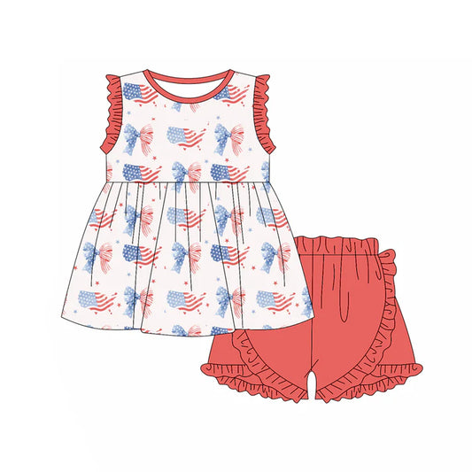 Preorder (moq 5)Baby Girls Red Blue Bows Stars Tunic Ruffle Shorts 4th of July Clothes Set 12.29