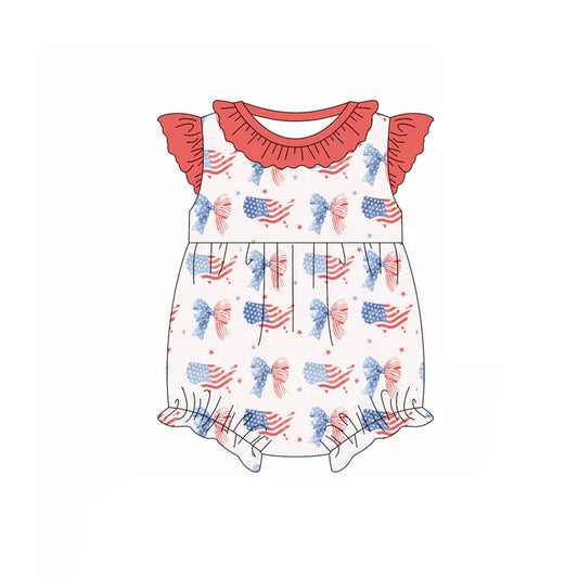 Preorder (moq 5)Baby Girls Flutter Sleeve Red Blue Stars Bows 4th of July Ruffle Rompers 12.29
