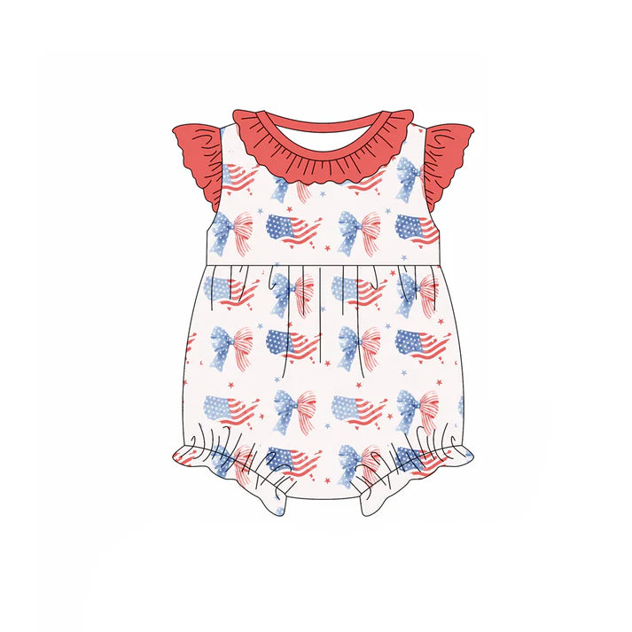Preorder (moq 5)Baby Girls Flutter Sleeve Red Blue Stars Bows 4th of July Ruffle Rompers 12.29