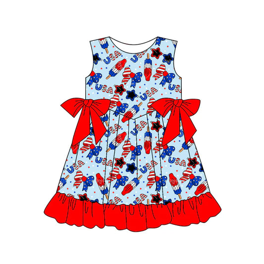 Preorder (moq 5)Baby Girls Popsicle Bows USA 4th of July Ruffle Knee Length Dresses 12.29