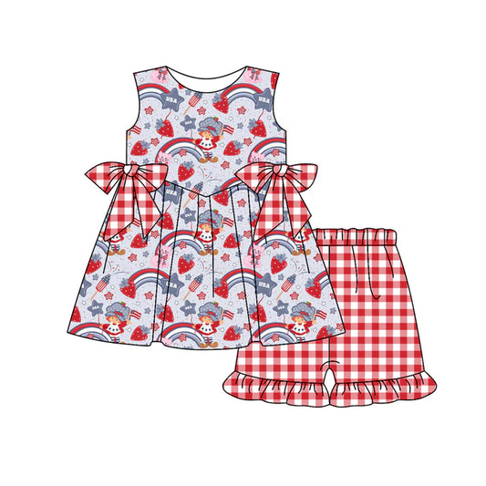 Preorder (moq 5)Baby Girls Strawberry Rainbows Tunic Ruffle Shorts 4th of July Clothes Set 12.29